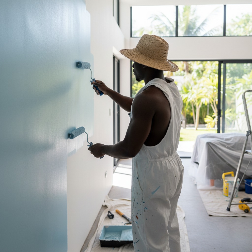 Black African man doing a Painting job, don`t show his face