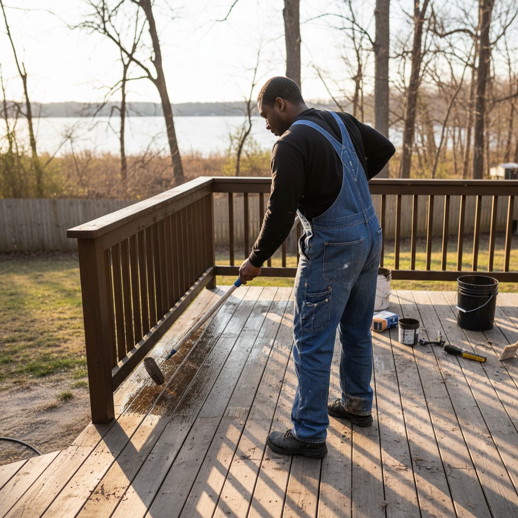 black person doing a Deck Painting, dont show his face